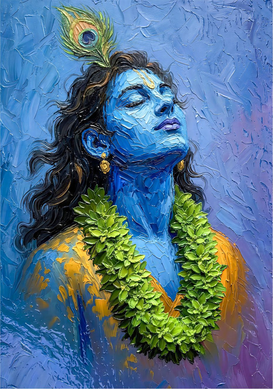 Blue Devotion painting, spiritual style, ideal for prayer room spaces.