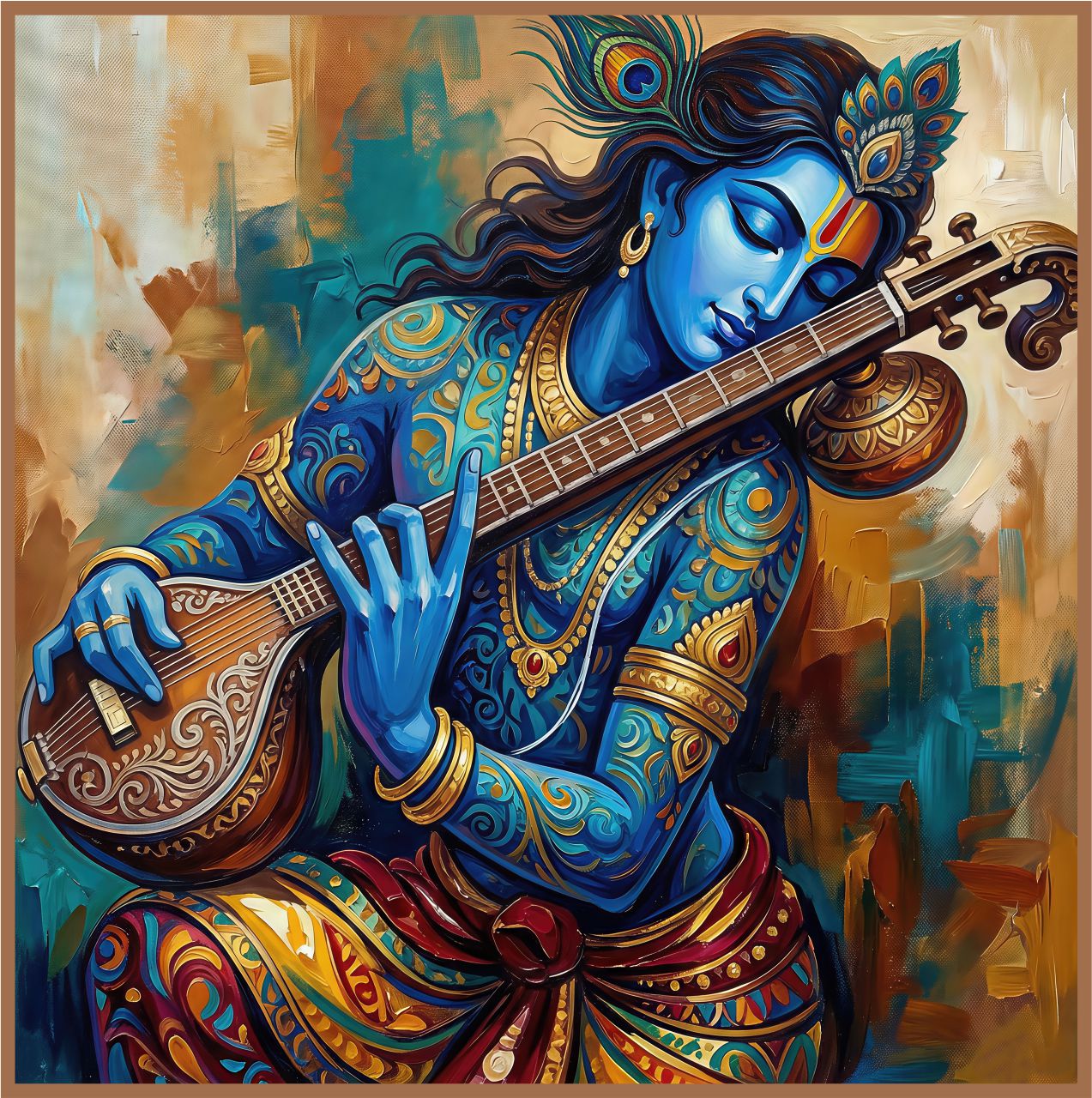 Krishna's Melody painting, radha krishna style, ideal for prayer room spaces.