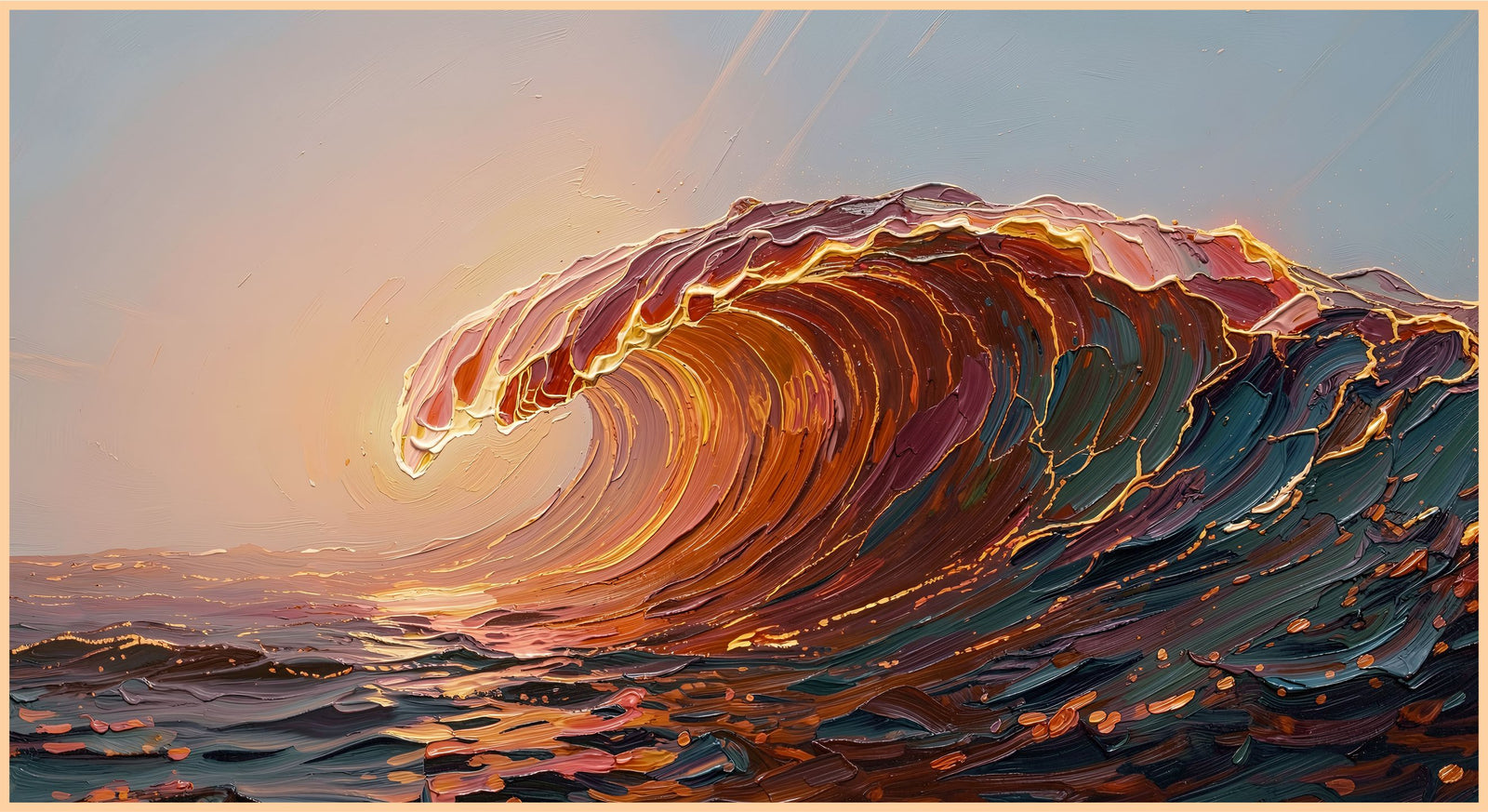 Copper Wave painting, landscape style, ideal for living room spaces.