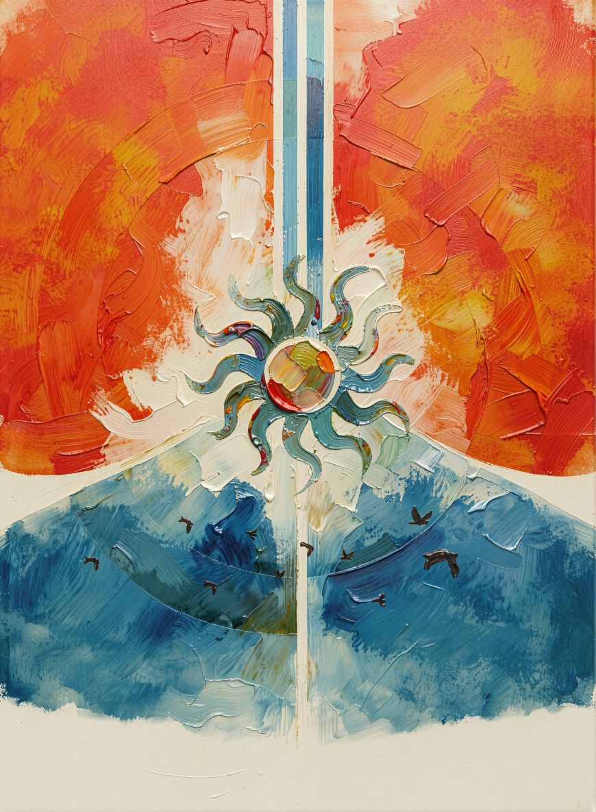 Solar Mandala Peak painting, spiritual style, ideal for prayer room spaces.
