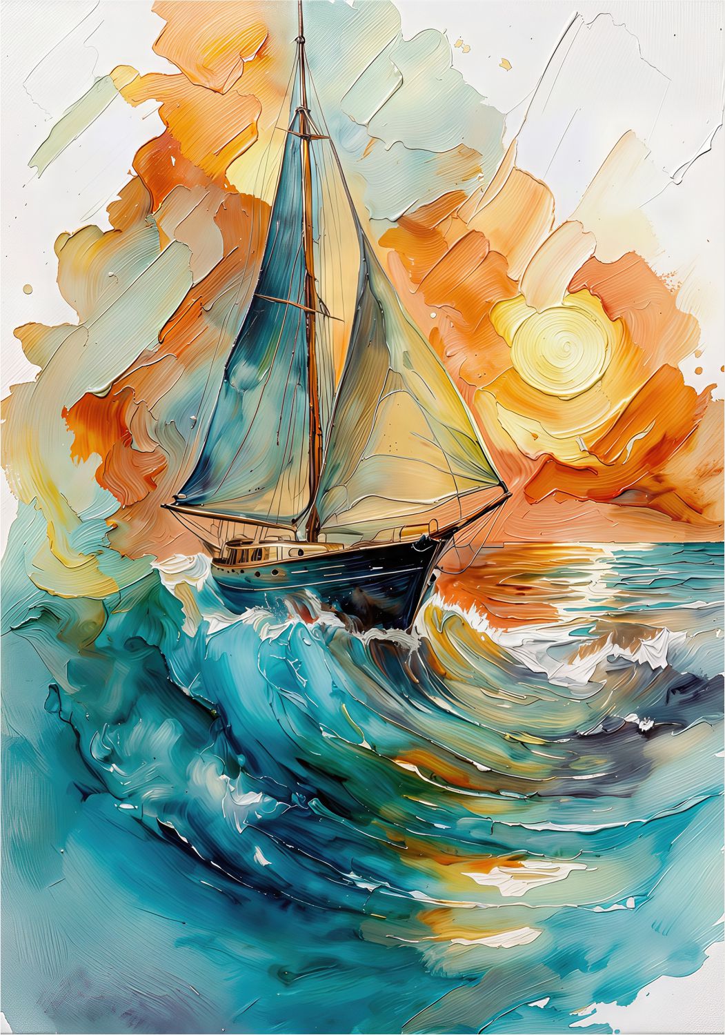 Sail into Sun painting, landscape style, ideal for living room spaces.