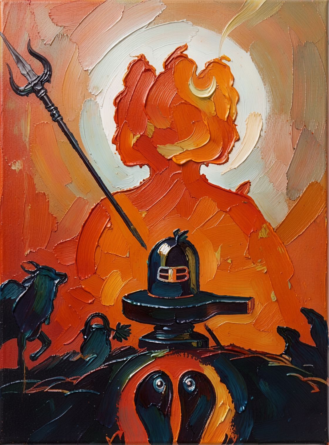 Trident Ember painting, spiritual style, ideal for prayer room spaces.