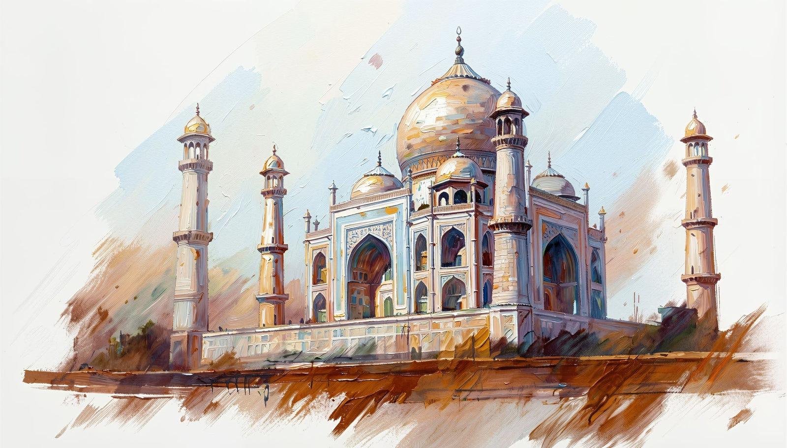 Taj at Sunrise painting, cityscape style, ideal for living room spaces.