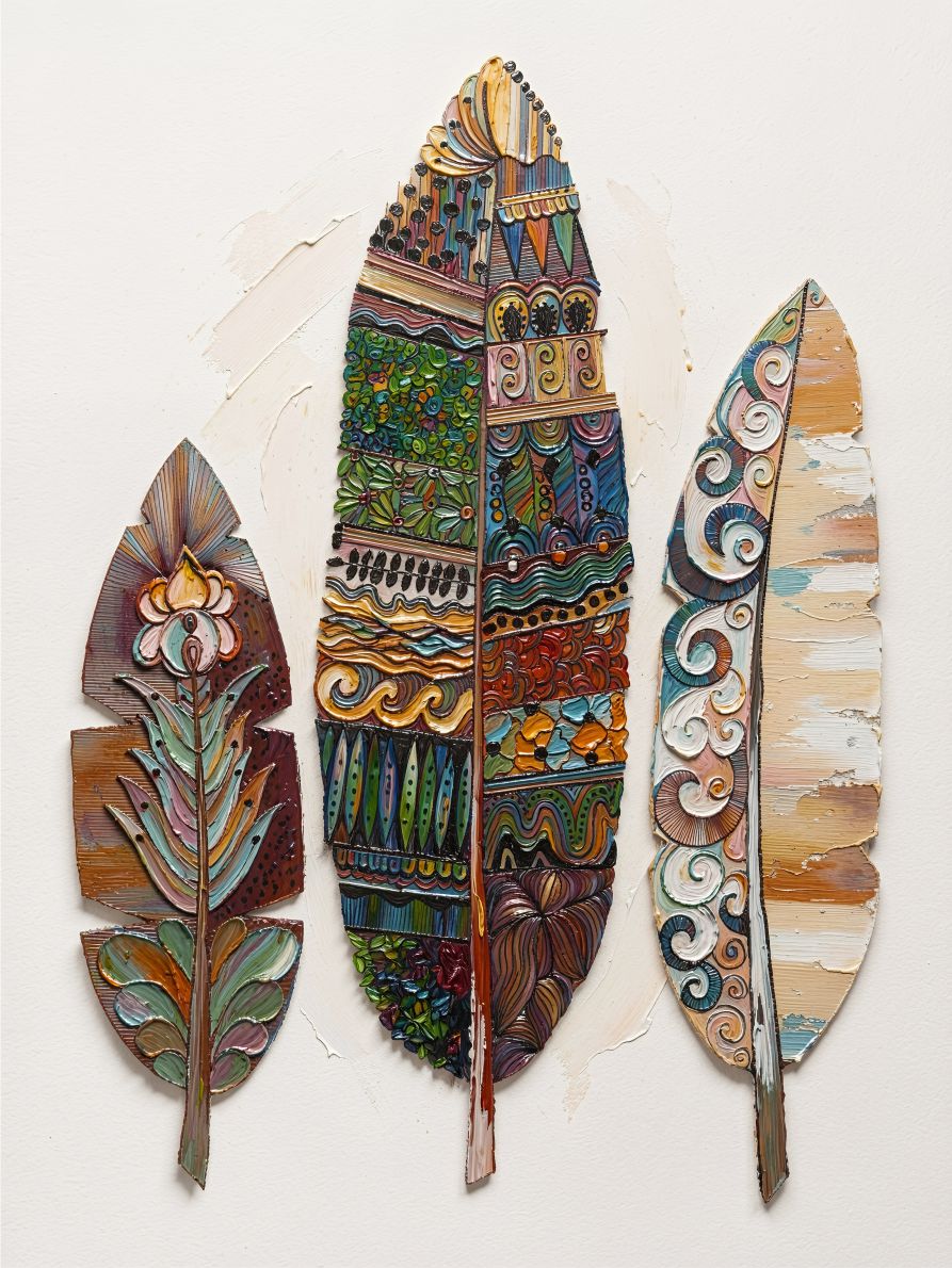 Tribal Feather Study painting, modern indian style, ideal for living room spaces.