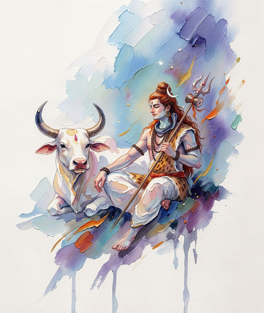 Shiva with Nandi painting, spiritual style, ideal for prayer room spaces.