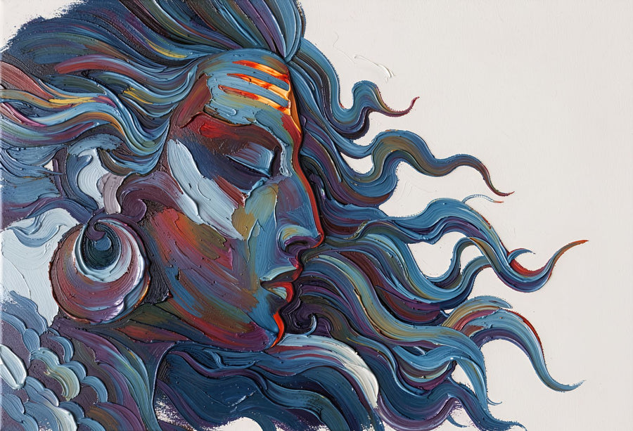 Windborne Muse painting, figurative style, ideal for bedroom spaces.