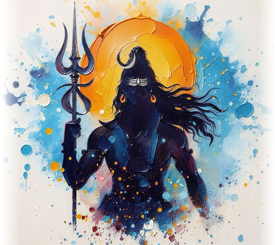Trident Moon painting, spiritual style, ideal for prayer room spaces.