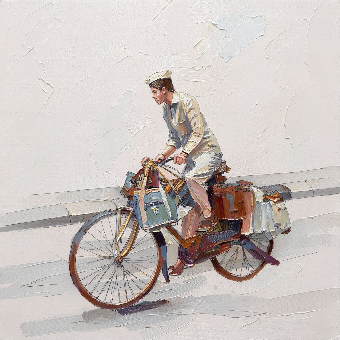 Vintage Ride painting, figurative style, ideal for hallway spaces.