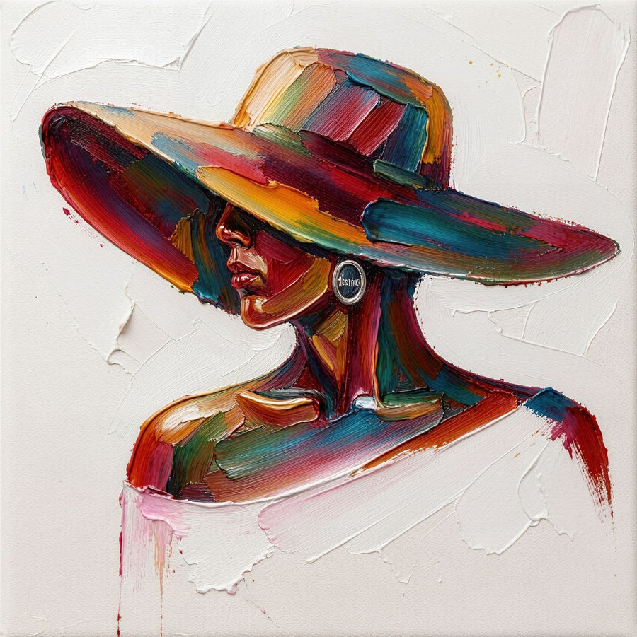 Crimson Hat Portrait painting, figurative style, ideal for bedroom spaces.