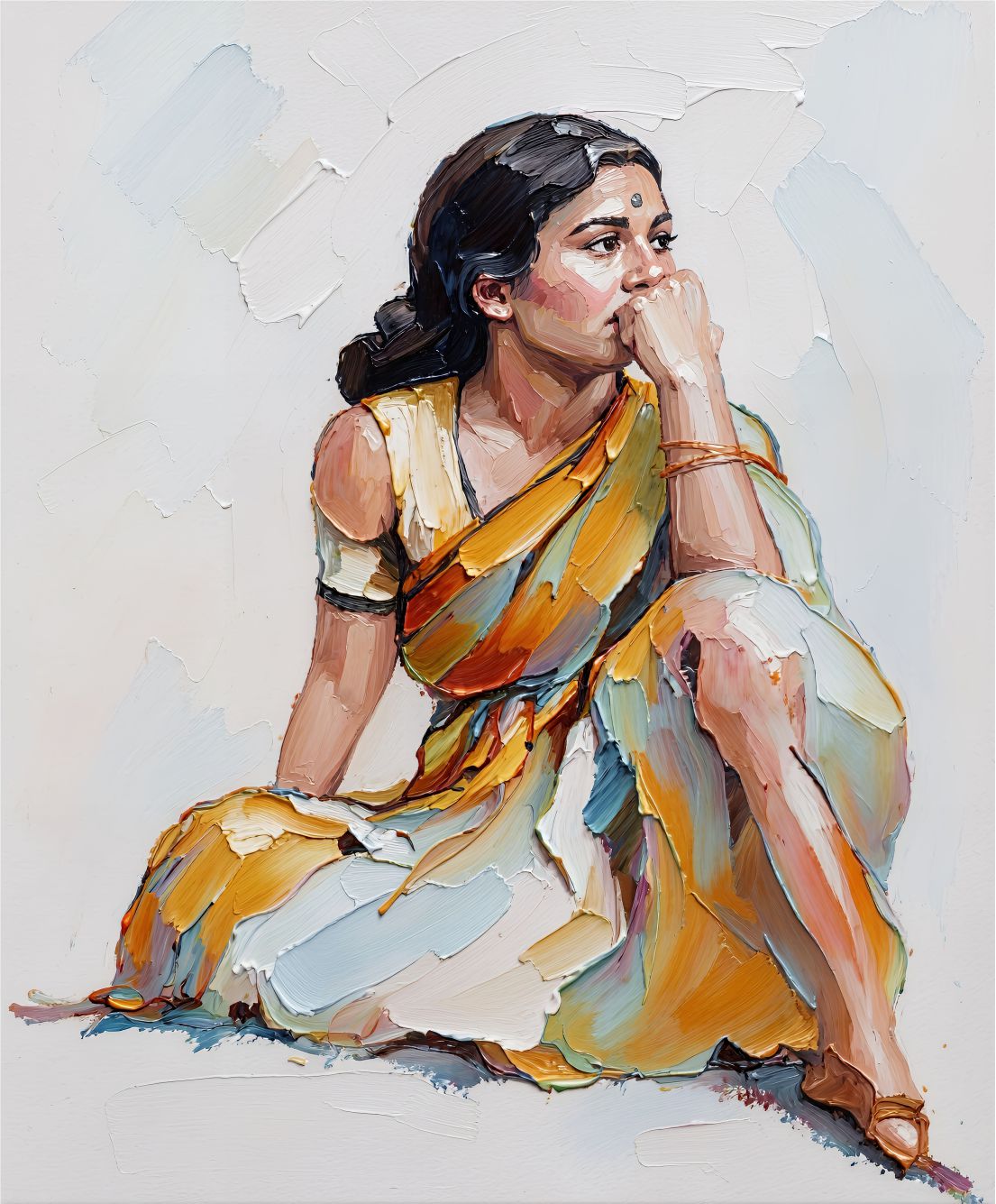 Quiet in Saffron painting, figurative style, ideal for living room spaces.