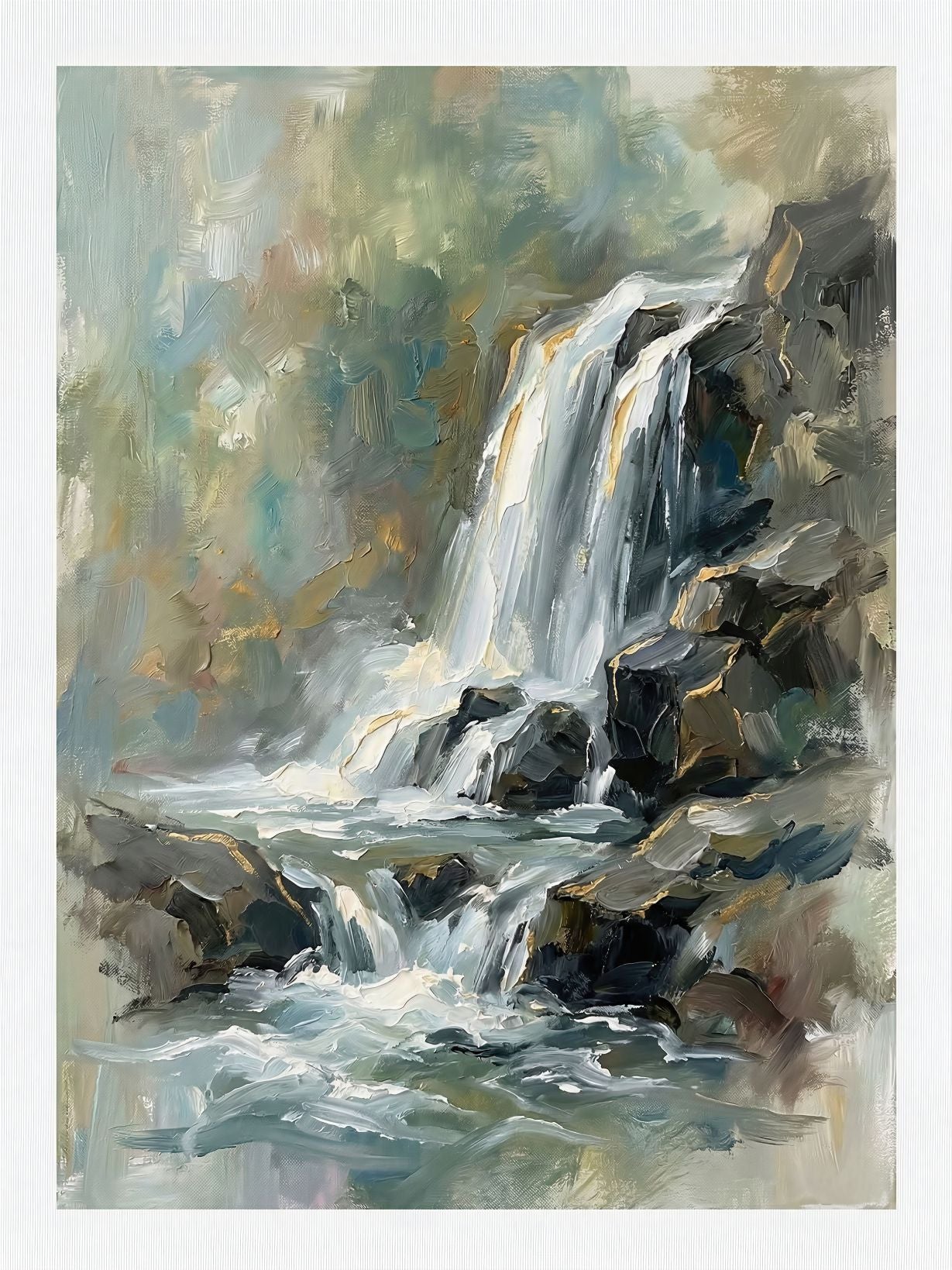 Forest Cascade painting, landscape style, ideal for living room spaces.