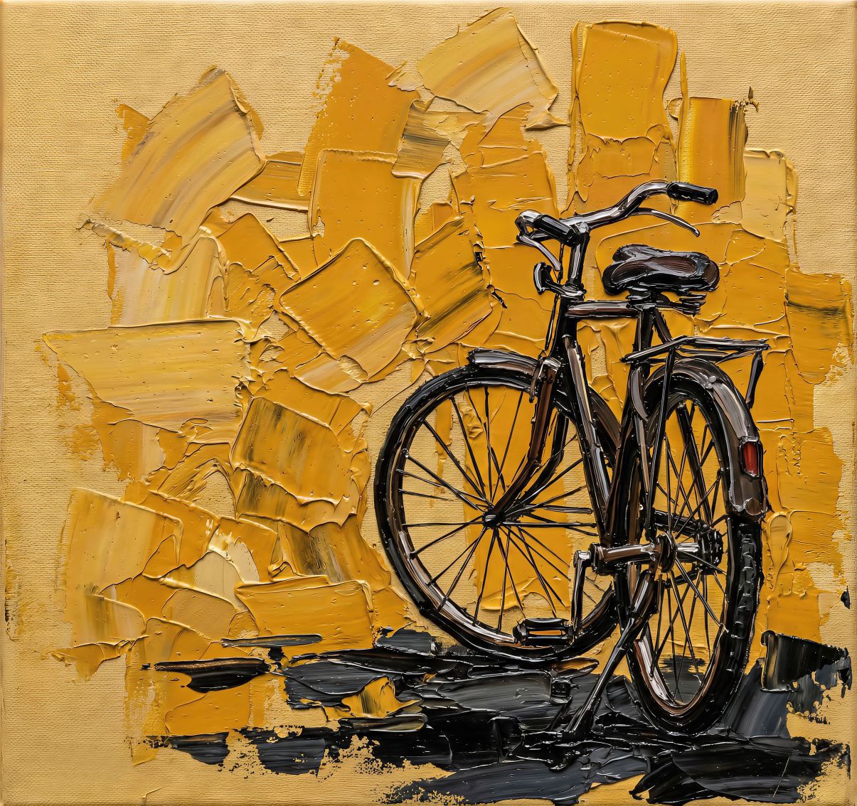 Bicycle in Ochre painting, contemporary style, ideal for hallway spaces.