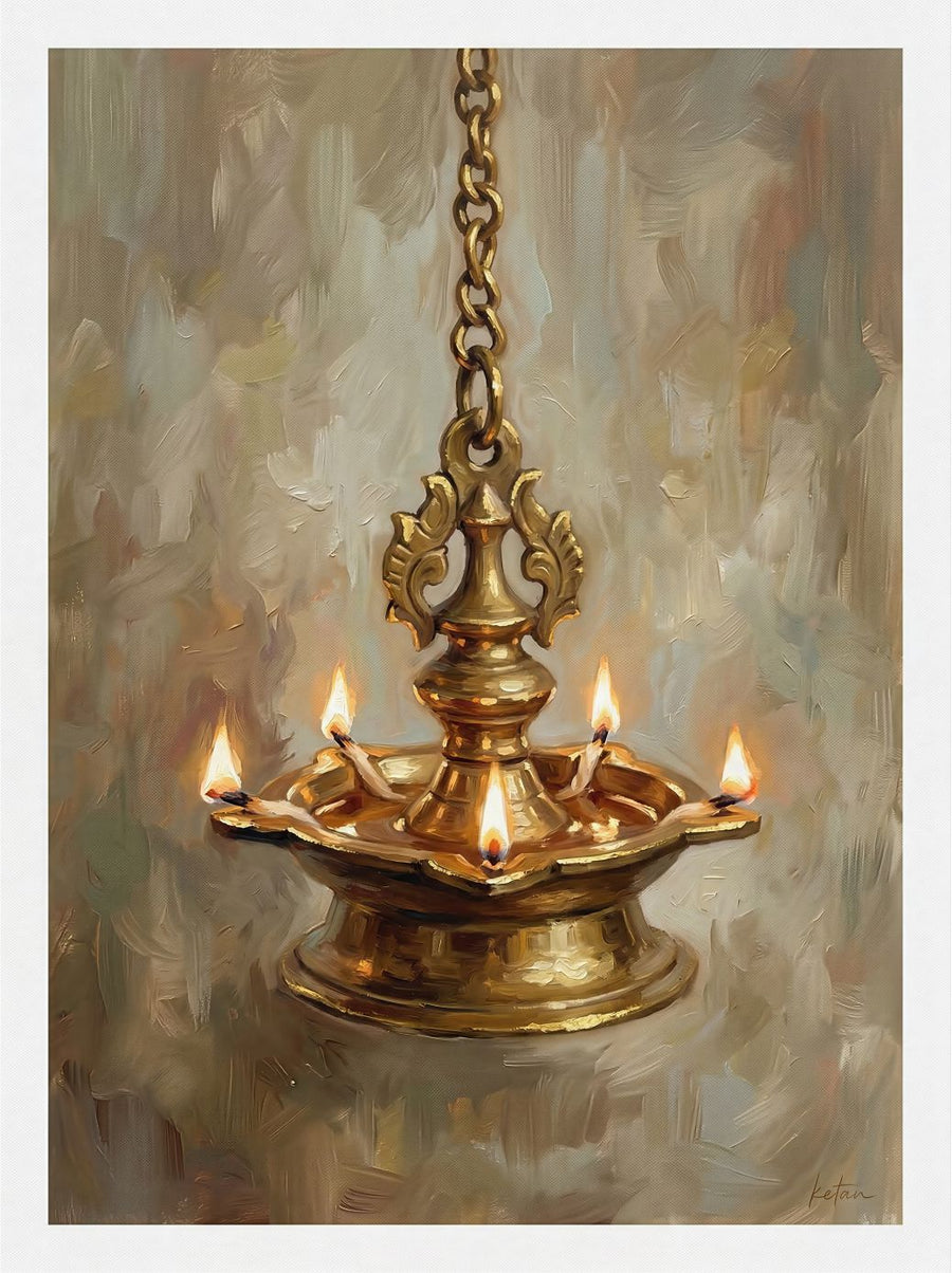 Temple Lamp Glow painting, spiritual style, ideal for prayer room spaces.