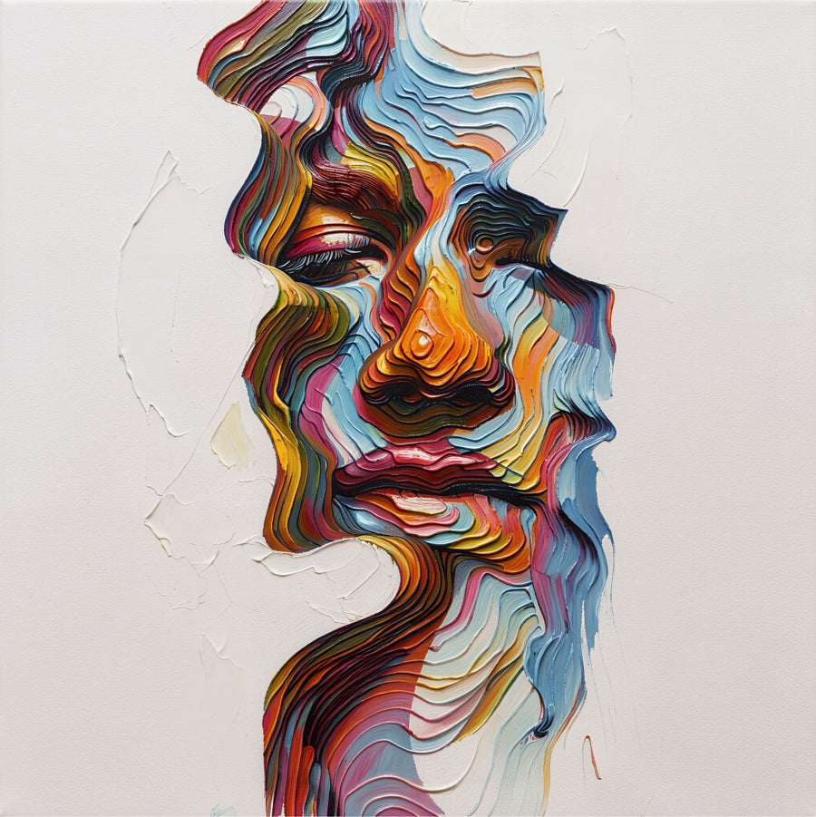 Fractured Profile painting, contemporary style, ideal for bedroom spaces.
