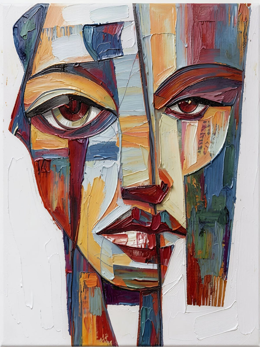 Cubist Countenance painting, contemporary style, ideal for living room spaces.