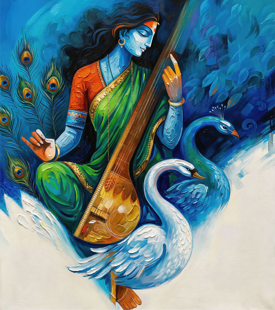 Saraswati Serenity painting, spiritual style, ideal for prayer room spaces.