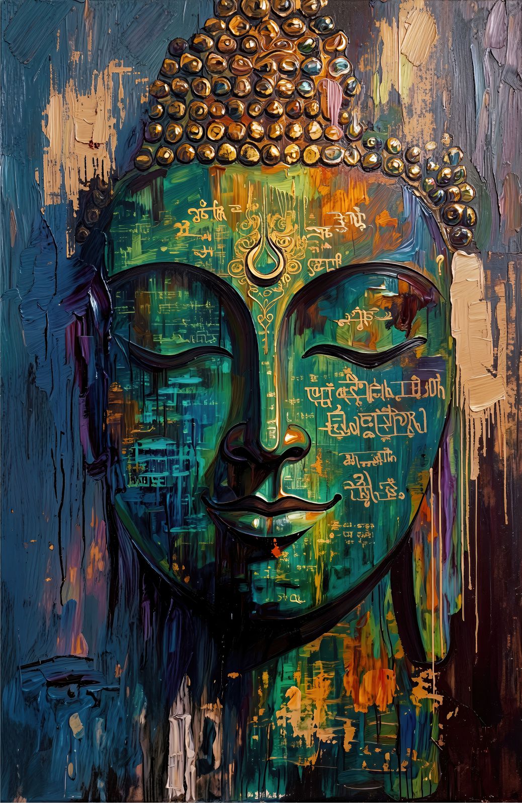 Scripted Buddha painting, buddha style, ideal for prayer room spaces.