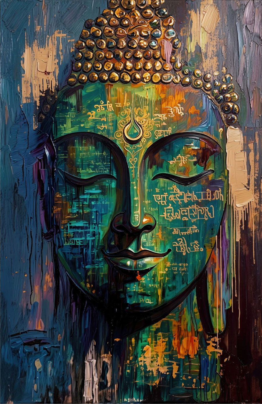 Scripted Buddha painting, buddha style, ideal for prayer room spaces.