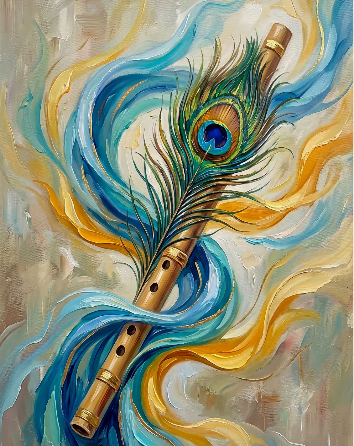 Flute and Feather painting, spiritual style, ideal for prayer room spaces.