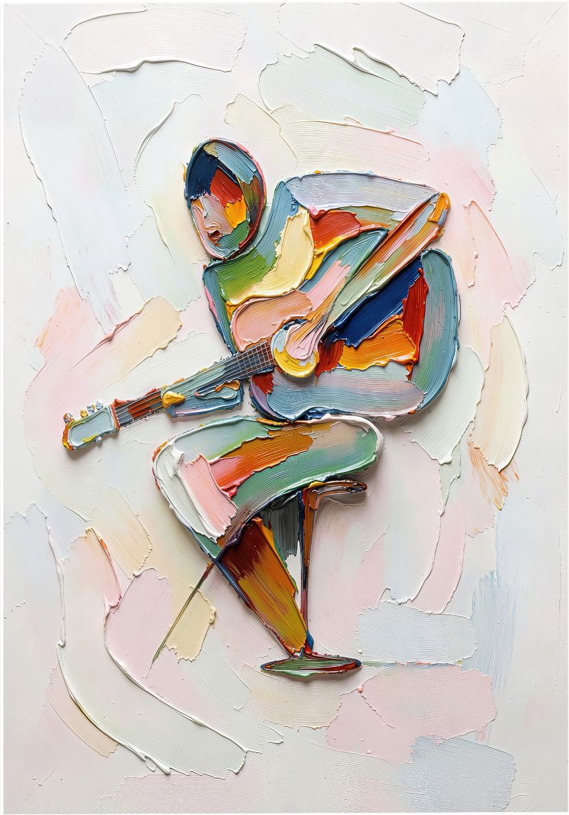 Guitar Drift painting, figurative style, ideal for living room spaces.
