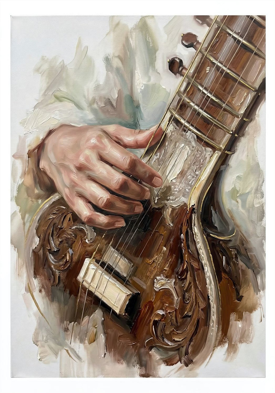 Strings in Focus painting, figurative style, ideal for living room spaces.