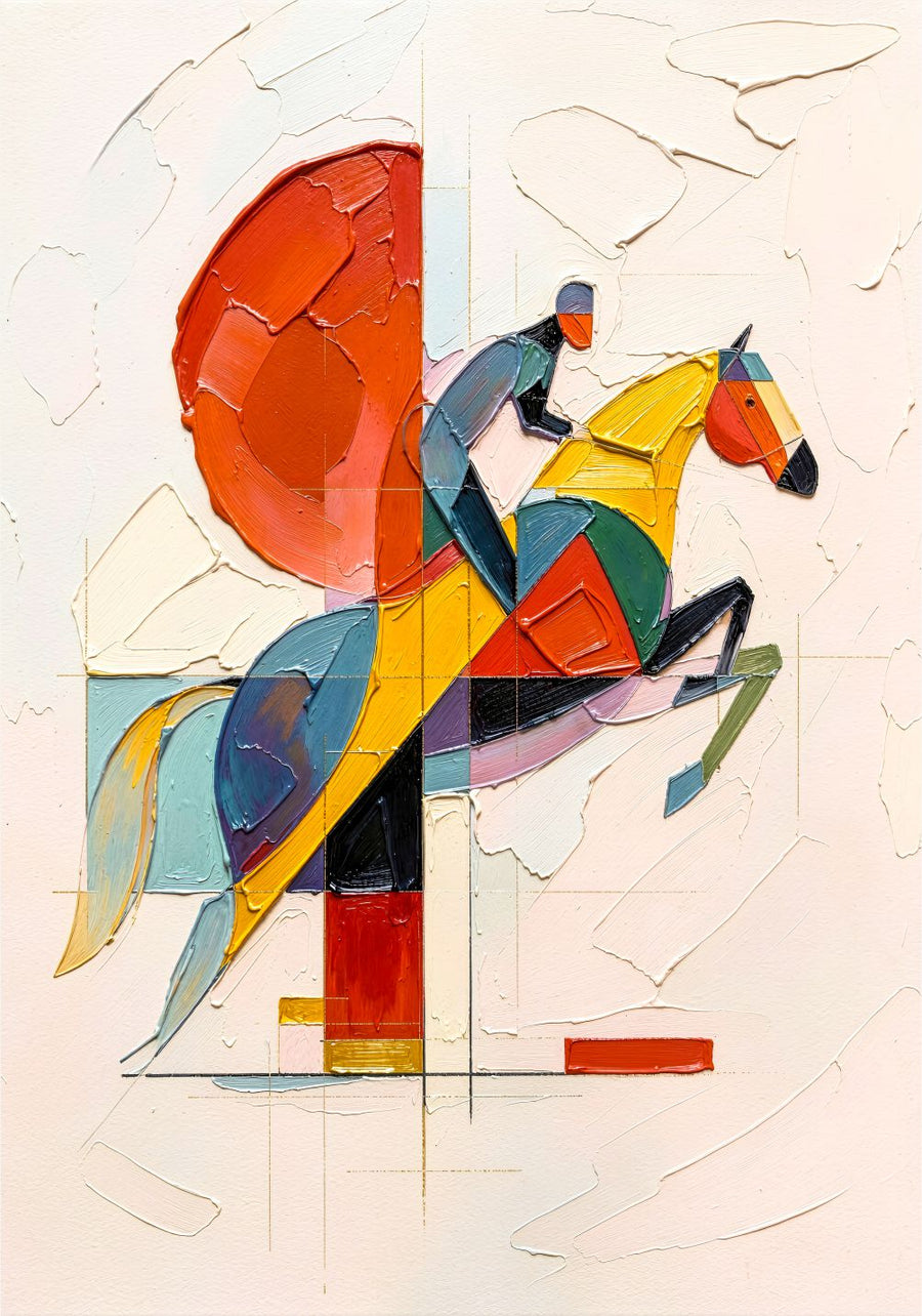 Geometric Rider painting, contemporary style, ideal for office spaces.