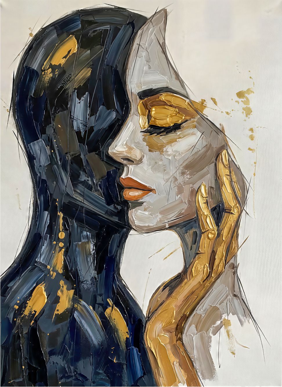 Gilded Whisper painting, figurative style, ideal for bedroom spaces.