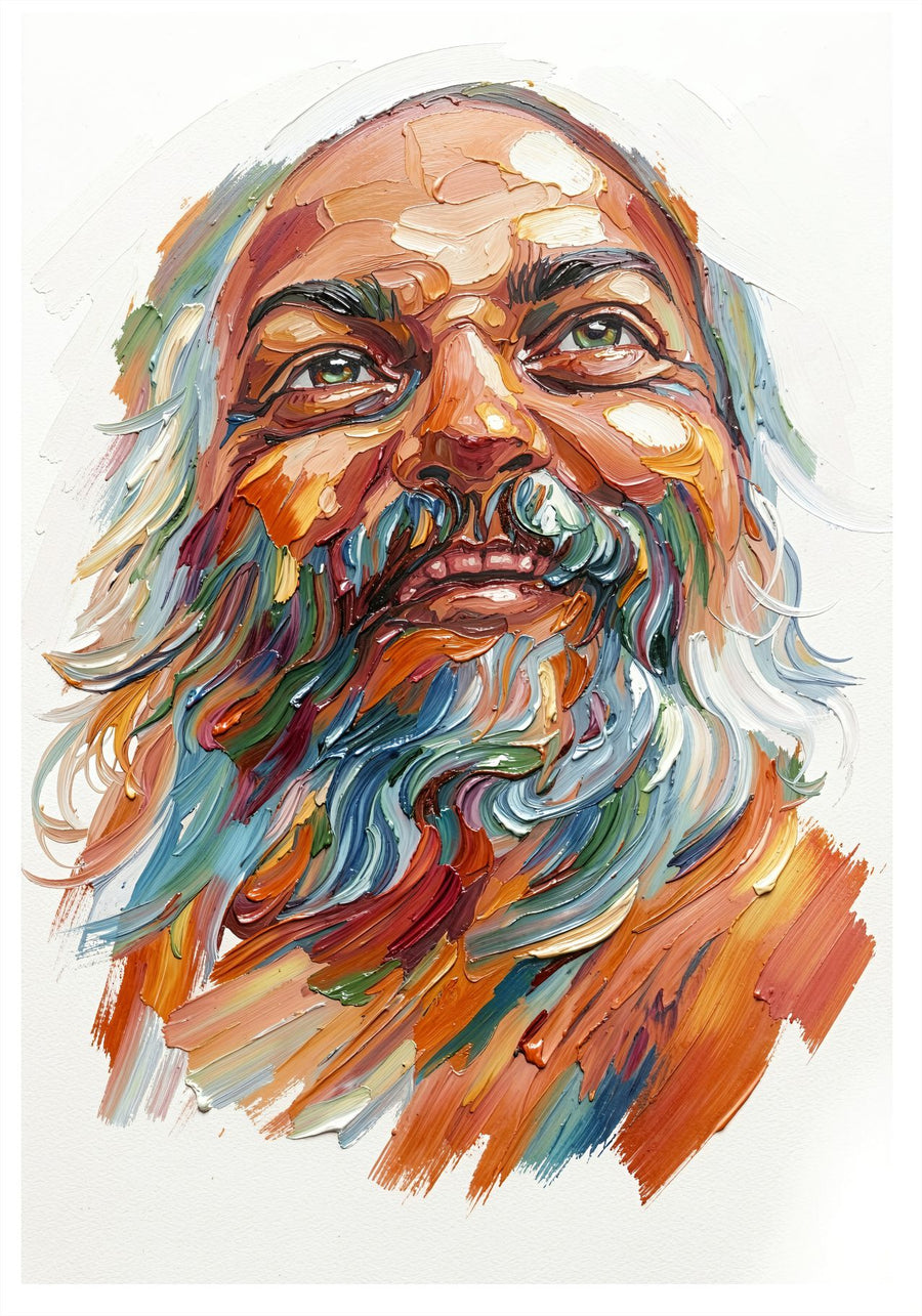 Laughing Guru painting, figurative style, ideal for living room spaces.