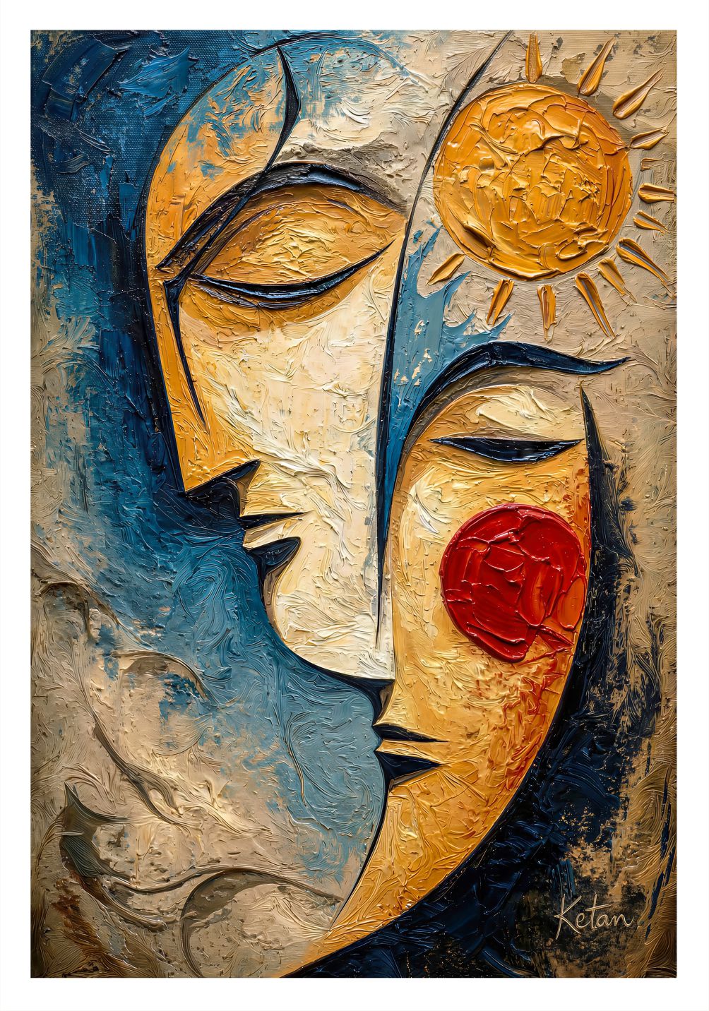 Twin Masks painting, contemporary style, ideal for bedroom spaces.