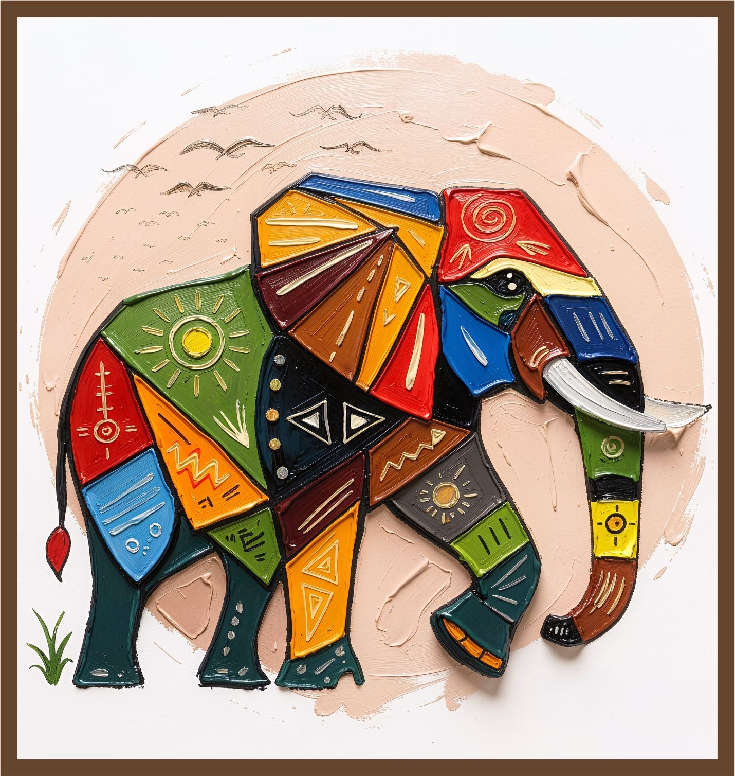 Folk Elephant painting, wildlife style, ideal for kids room spaces.