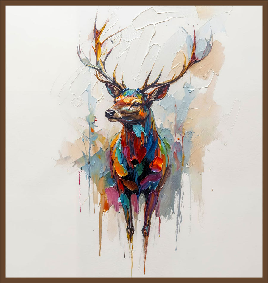 Stag in Mist painting, wildlife style, ideal for living room spaces.